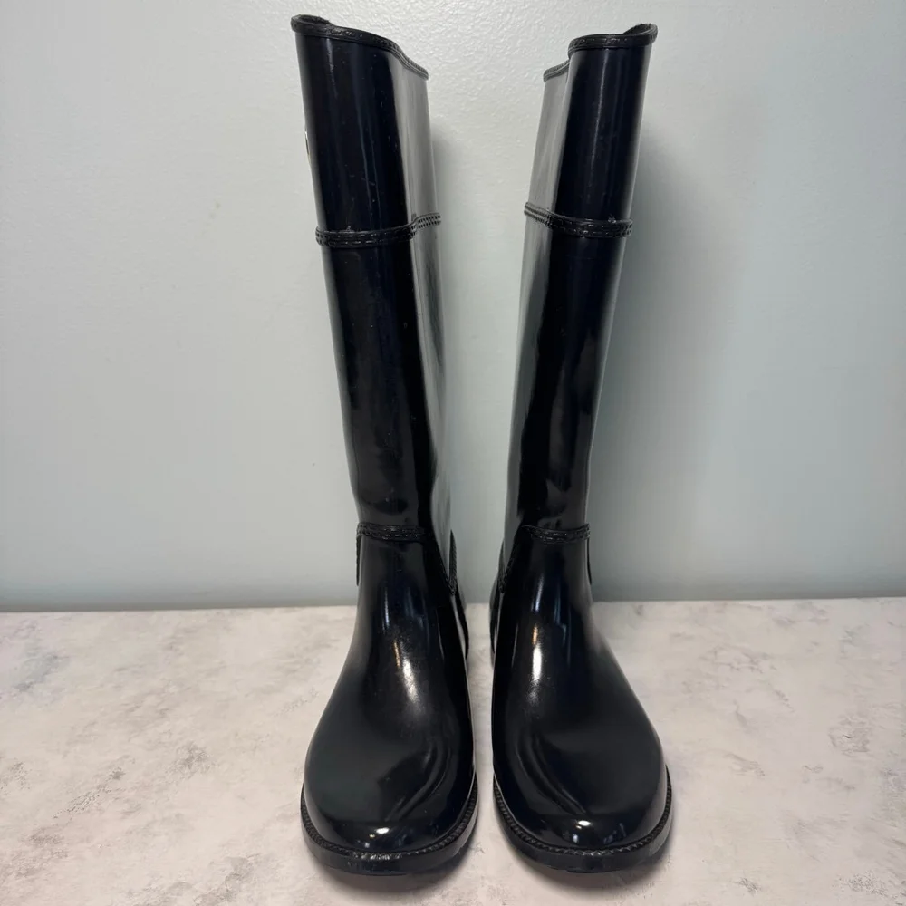 Michael Kors Stockard Gloss Logo Tall Rain Boots Size 7 Black Gold